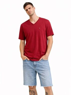 Tommy Hilfiger Men’s Deep Red V-Neck Tee w Logo – Size Medium GUC